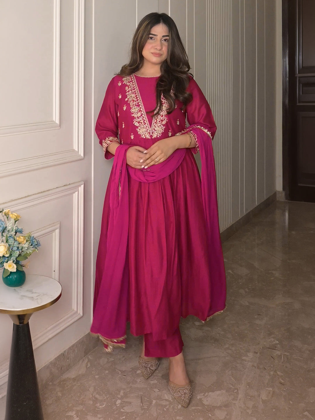 Janasya Women's Magenta Silk Blend Floral Embroidered A-Line Kurta Set