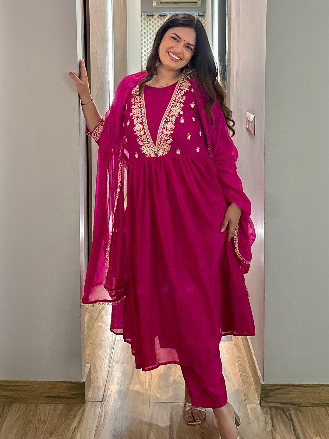 Janasya Women's Magenta Silk Blend Floral Embroidered A-Line Kurta Set