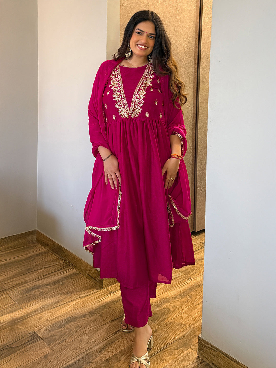 Janasya Women's Magenta Silk Blend Floral Embroidered A-Line Kurta Set