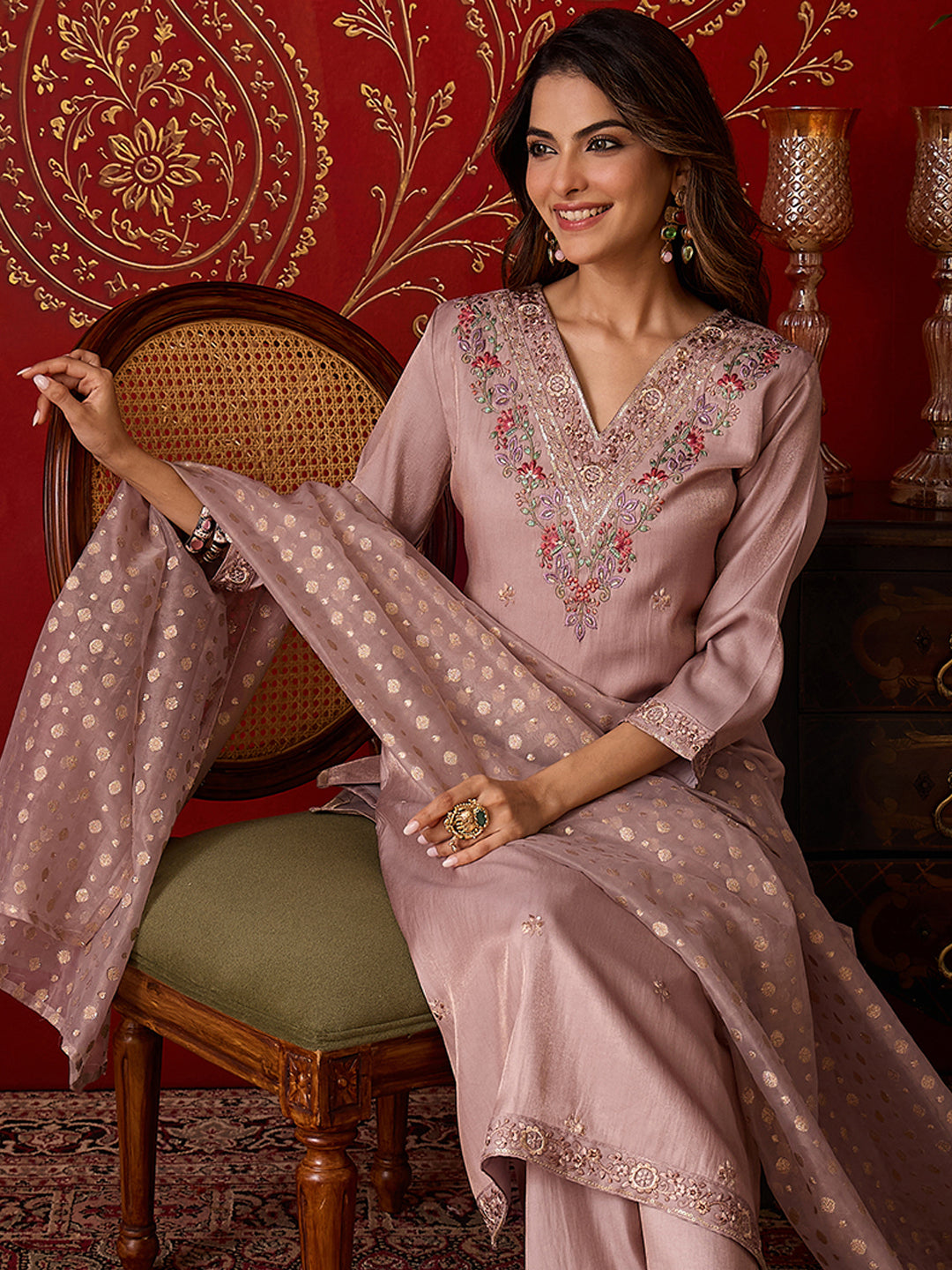 Janasya Women's Champagne Silk Blend Floral Embroidered Straight Kurta Set with Jacquard Dupatta