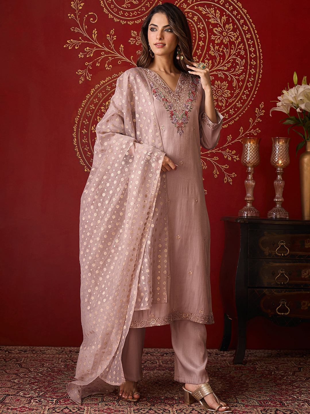 Janasya Women's Champagne Silk Blend Floral Embroidered Straight Kurta Set with Jacquard Dupatta