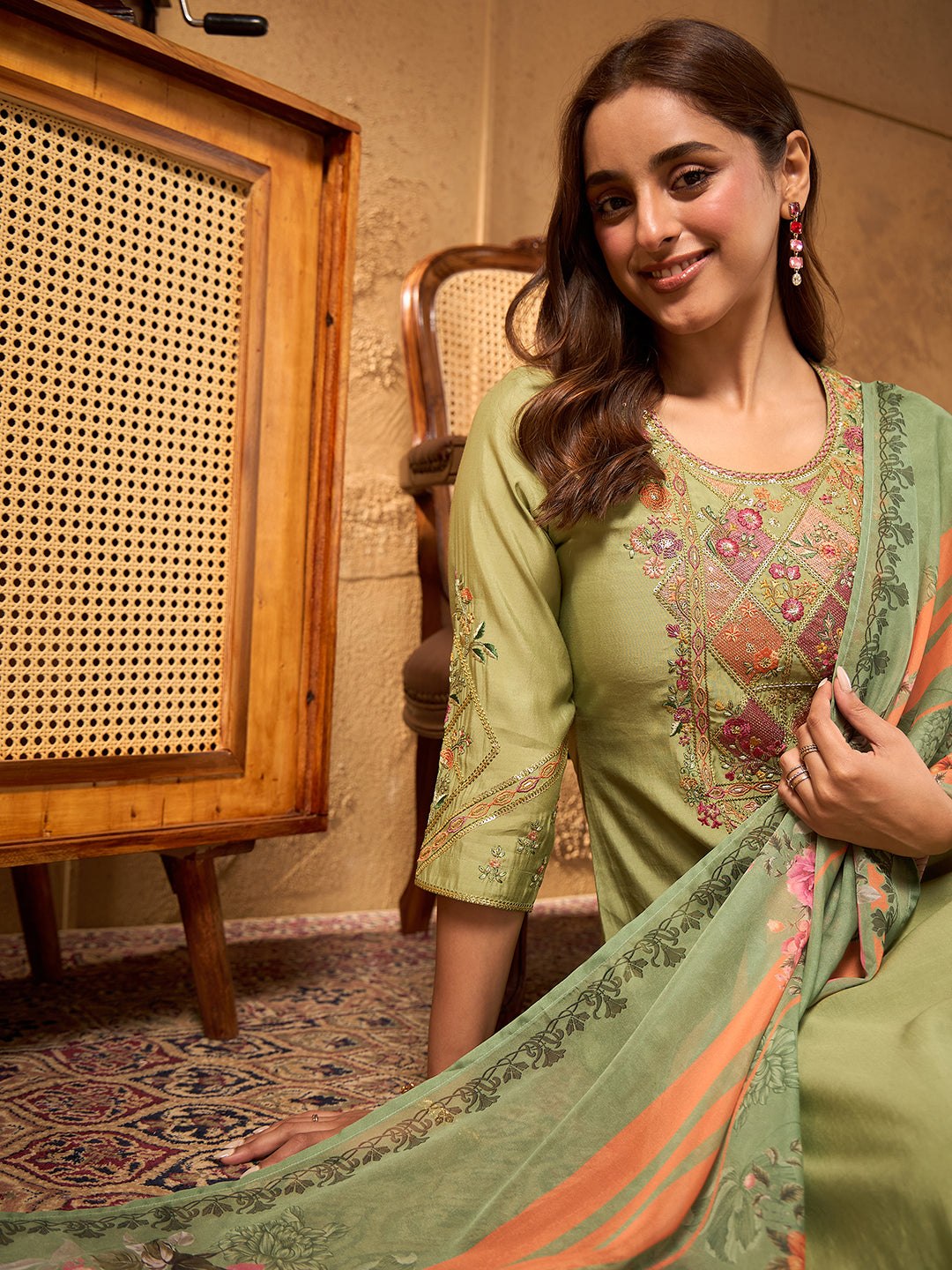 Janasya Women's Sage Green Chanderi Silk Floral Yoke Embroidered Straight Kurta Set with Printed Dupatta