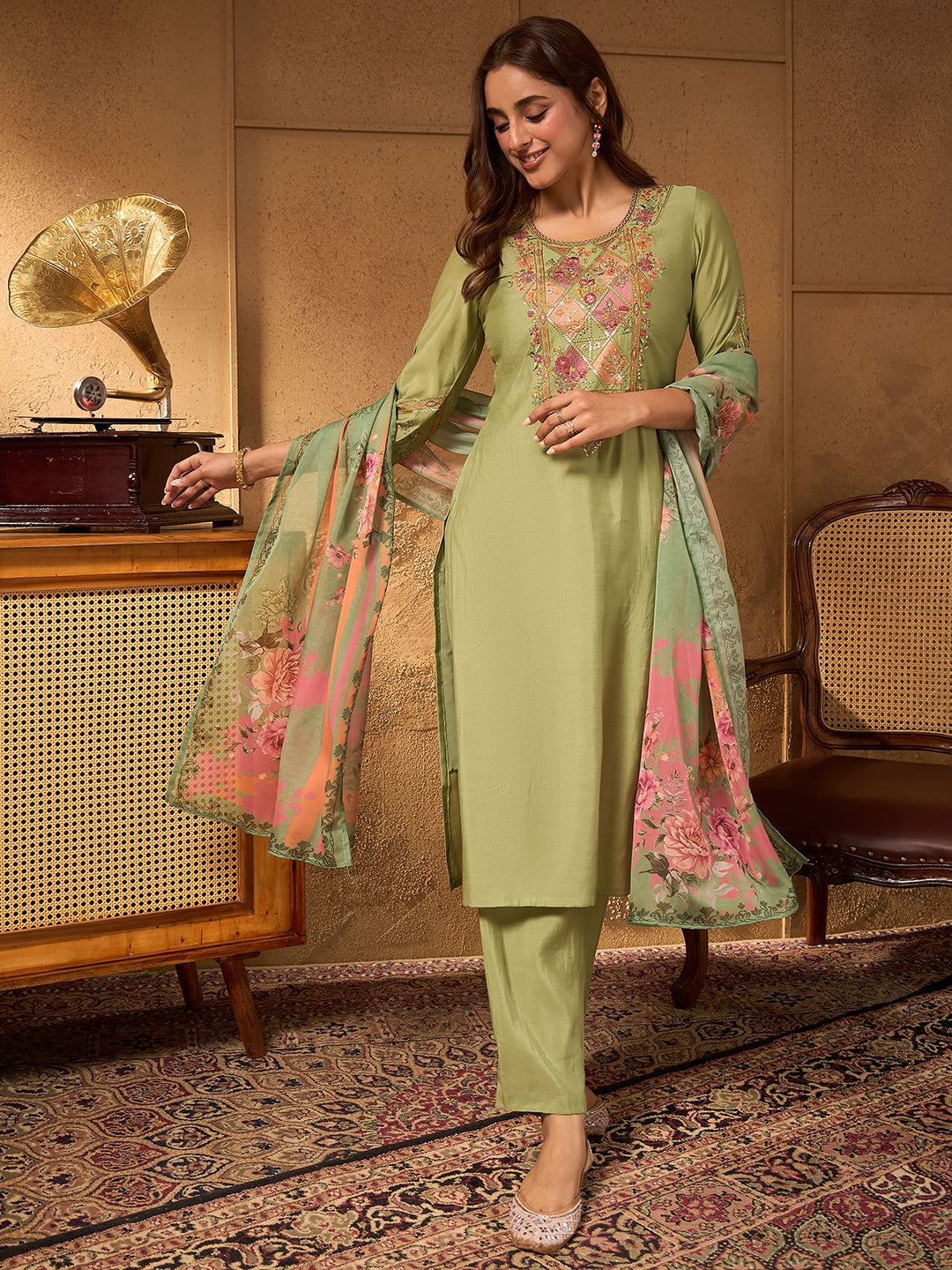 Janasya Women's Sage Green Chanderi Silk Floral Yoke Embroidered Straight Kurta Set with Printed Dupatta