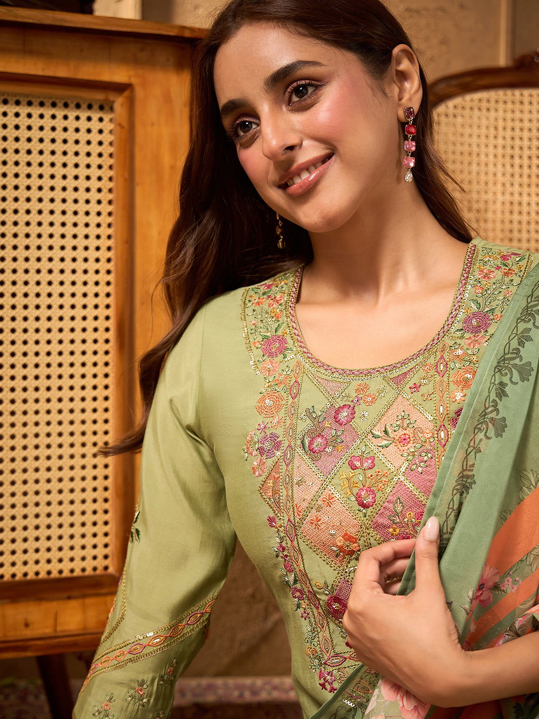 Janasya Women's Sage Green Chanderi Silk Floral Yoke Embroidered Straight Kurta Set with Printed Dupatta