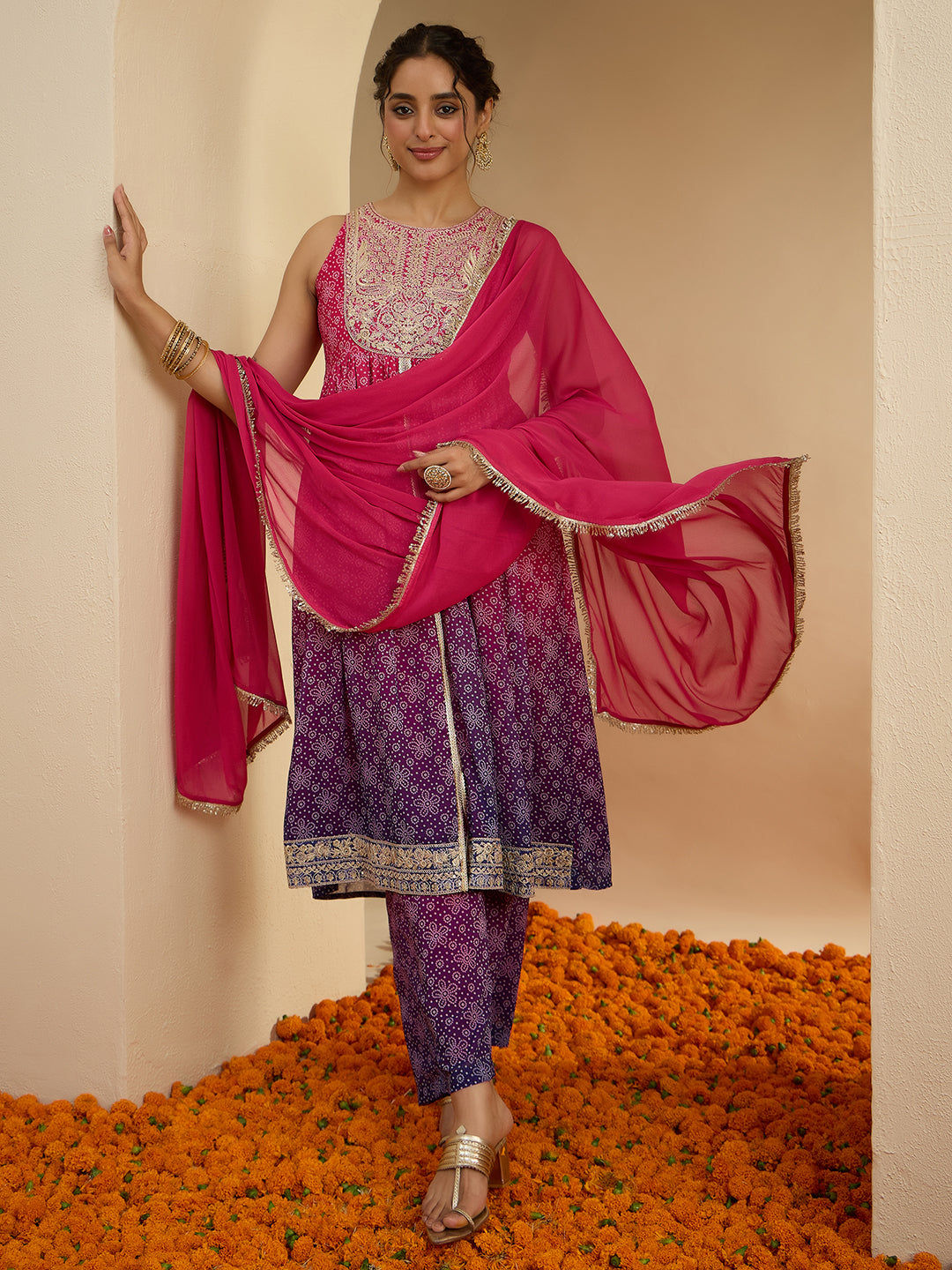 Janasya Women’s Pink & Purple Georgette Bandhani Printed Embroidered Front-Open A-Line Kurta Set