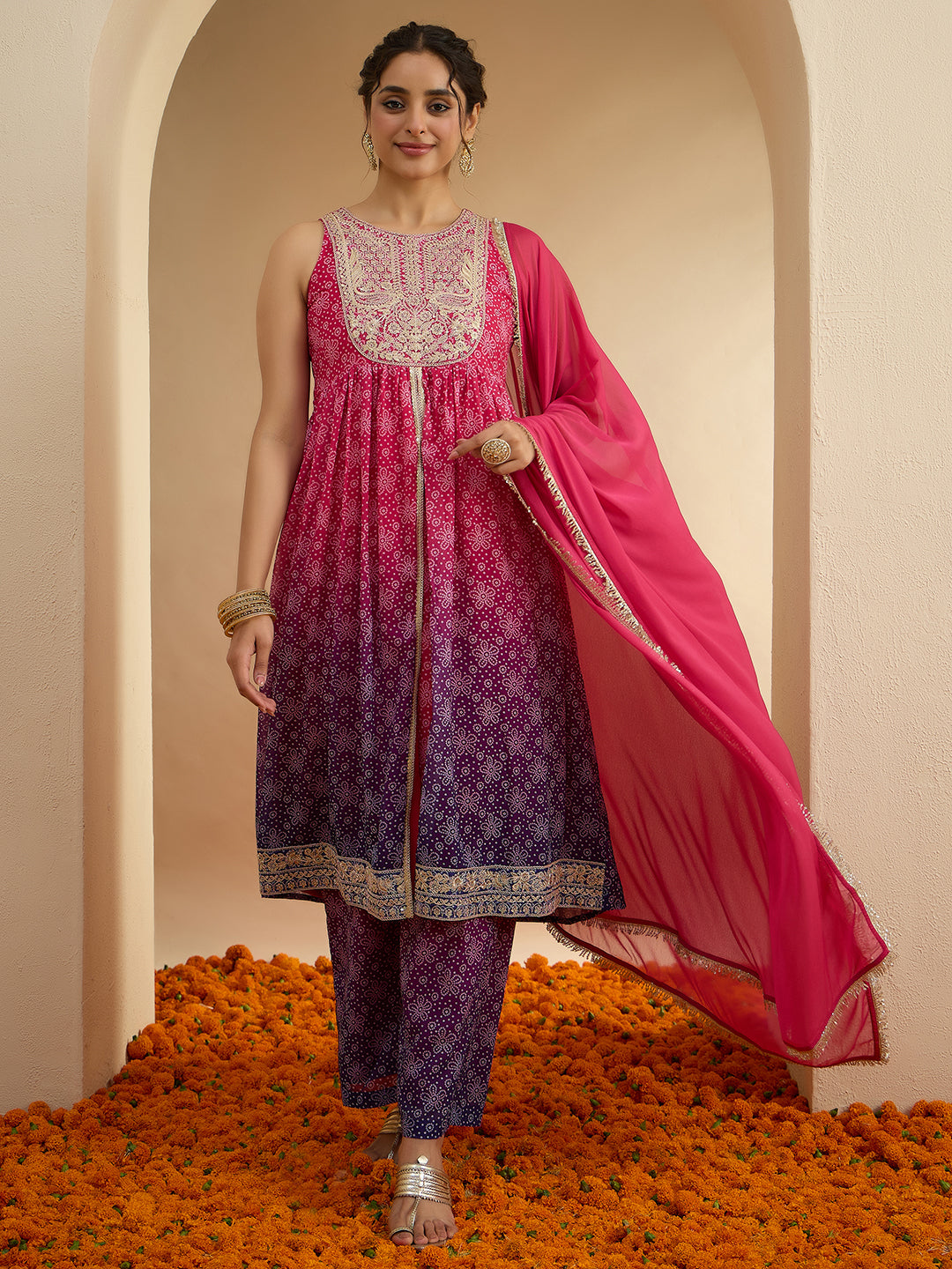 Janasya Women’s Pink & Purple Georgette Bandhani Printed Embroidered Front-Open A-Line Kurta Set