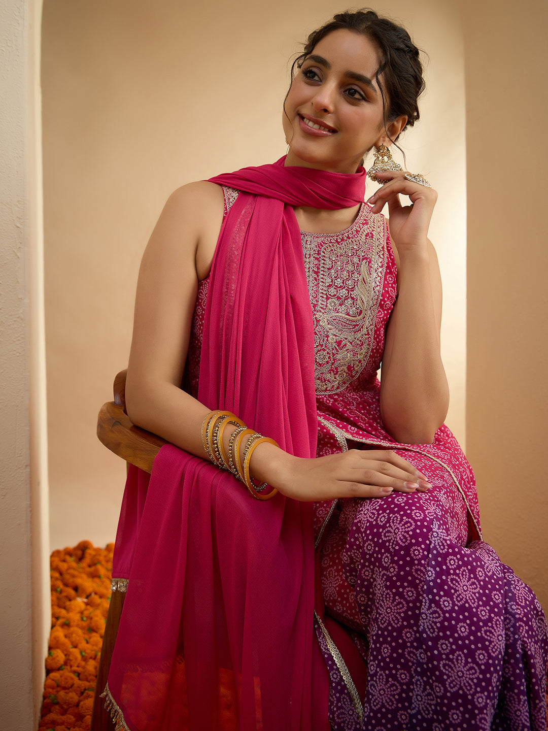 Janasya Women’s Pink & Purple Georgette Bandhani Printed Embroidered Front-Open A-Line Kurta Set