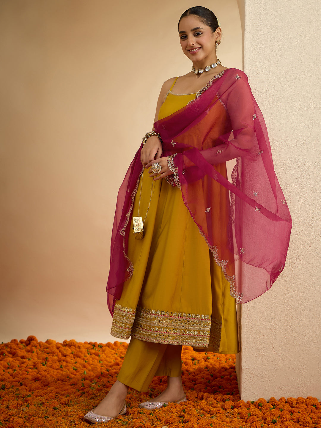 Janasya Women's Mustard Chanderi Silk Embellished Anarkali Kurta Set
