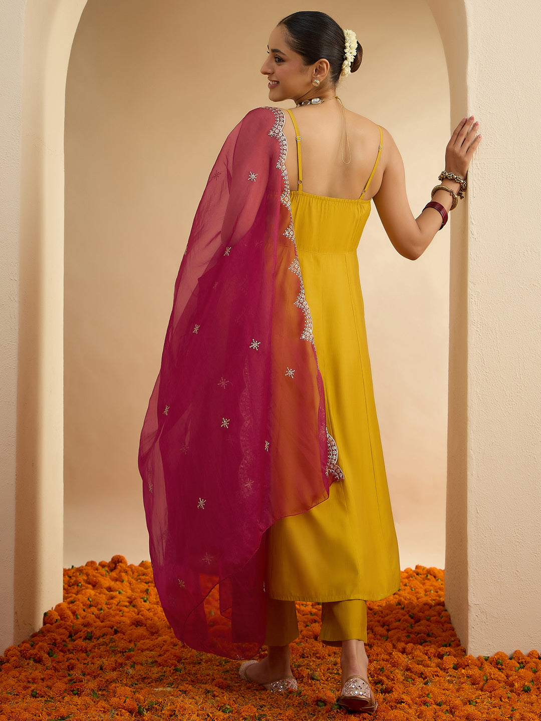 Janasya Women's Mustard Chanderi Silk Embellished Anarkali Kurta Set