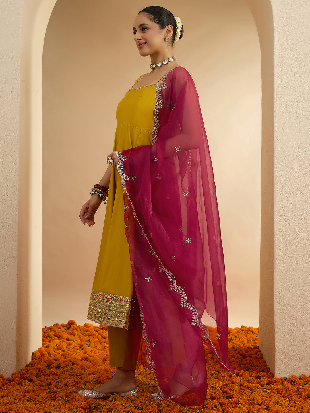 Janasya Women's Mustard Chanderi Silk Embellished Anarkali Kurta Set