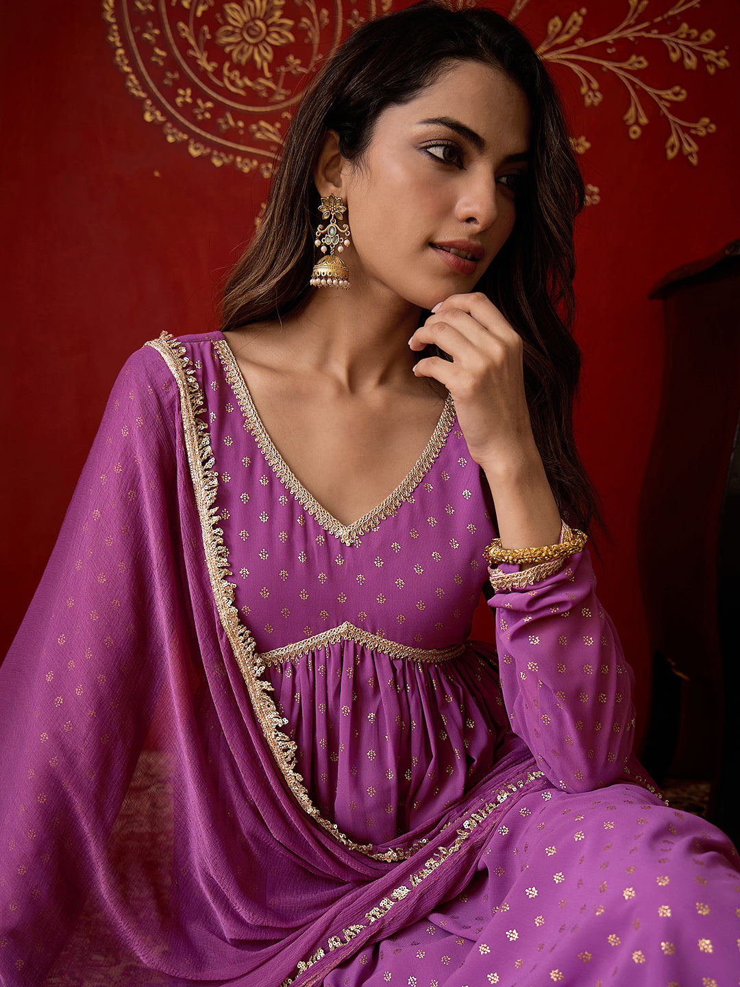 Janasya Women's Lavender Georgette Embellished Foil Printed A-Line Kurta Set