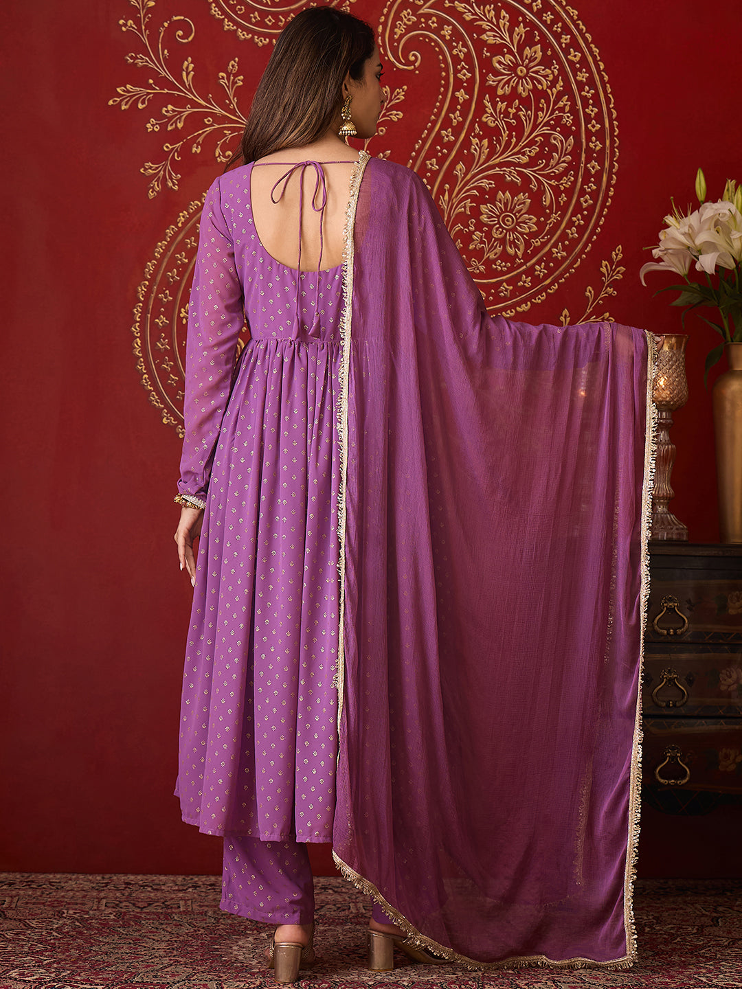 Janasya Women's Lavender Georgette Embellished Foil Printed A-Line Kurta Set