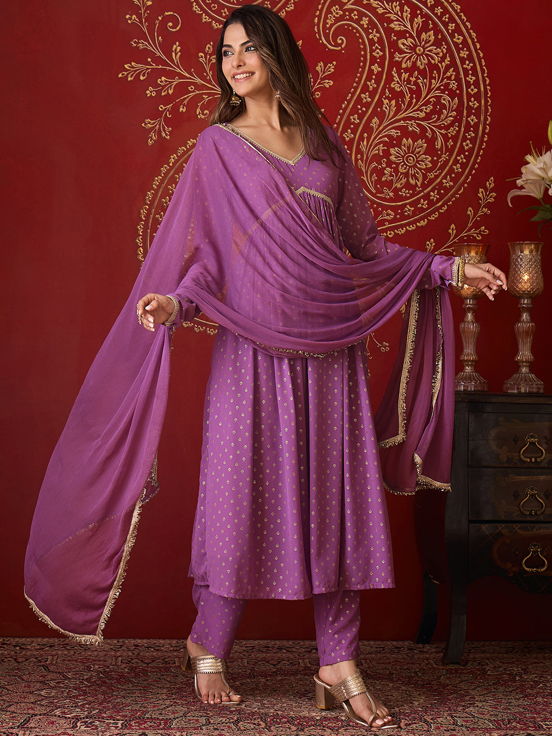 Janasya Women's Lavender Georgette Embellished Foil Printed A-Line Kurta Set