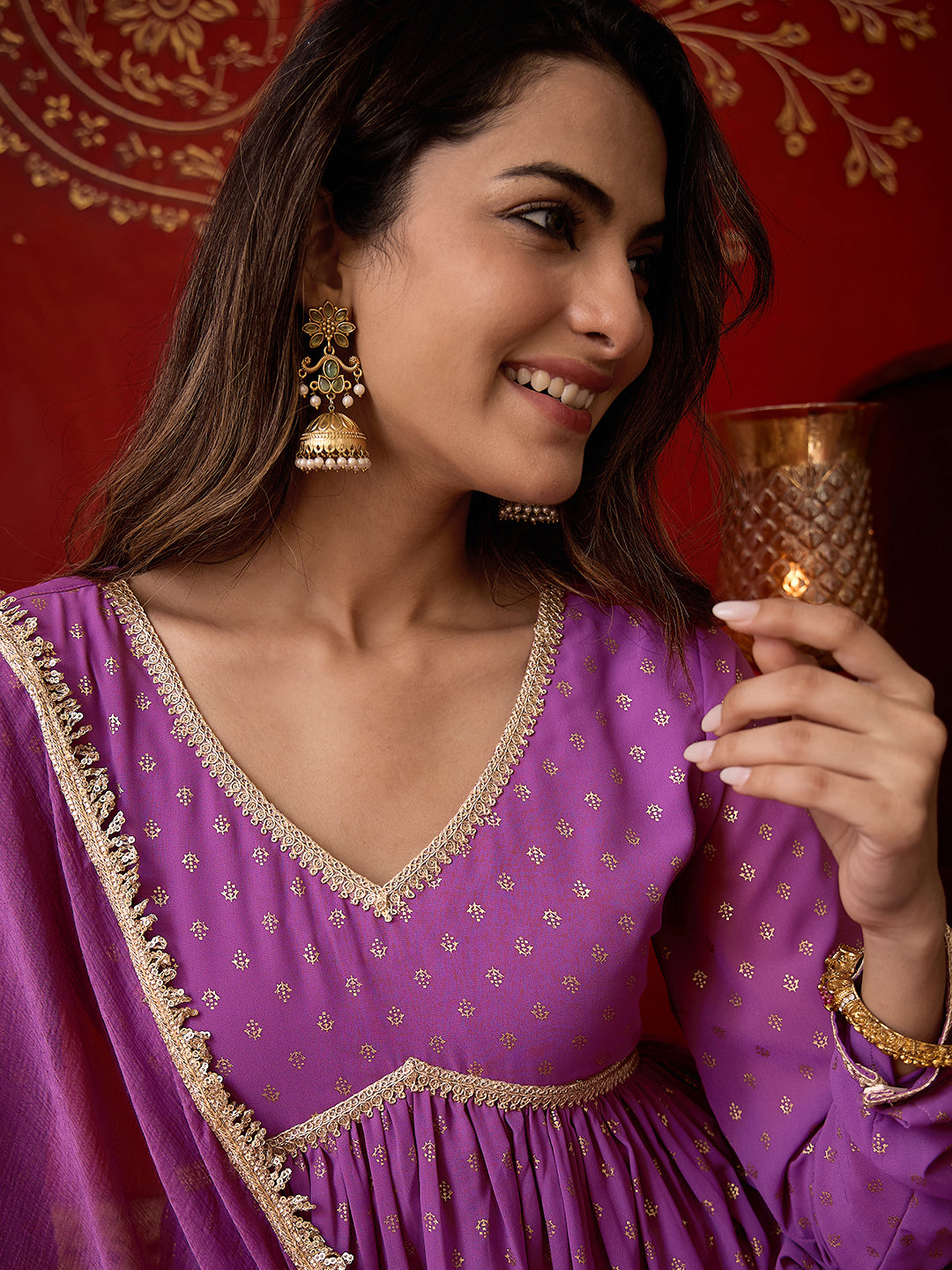 Janasya Women's Lavender Georgette Embellished Foil Printed A-Line Kurta Set