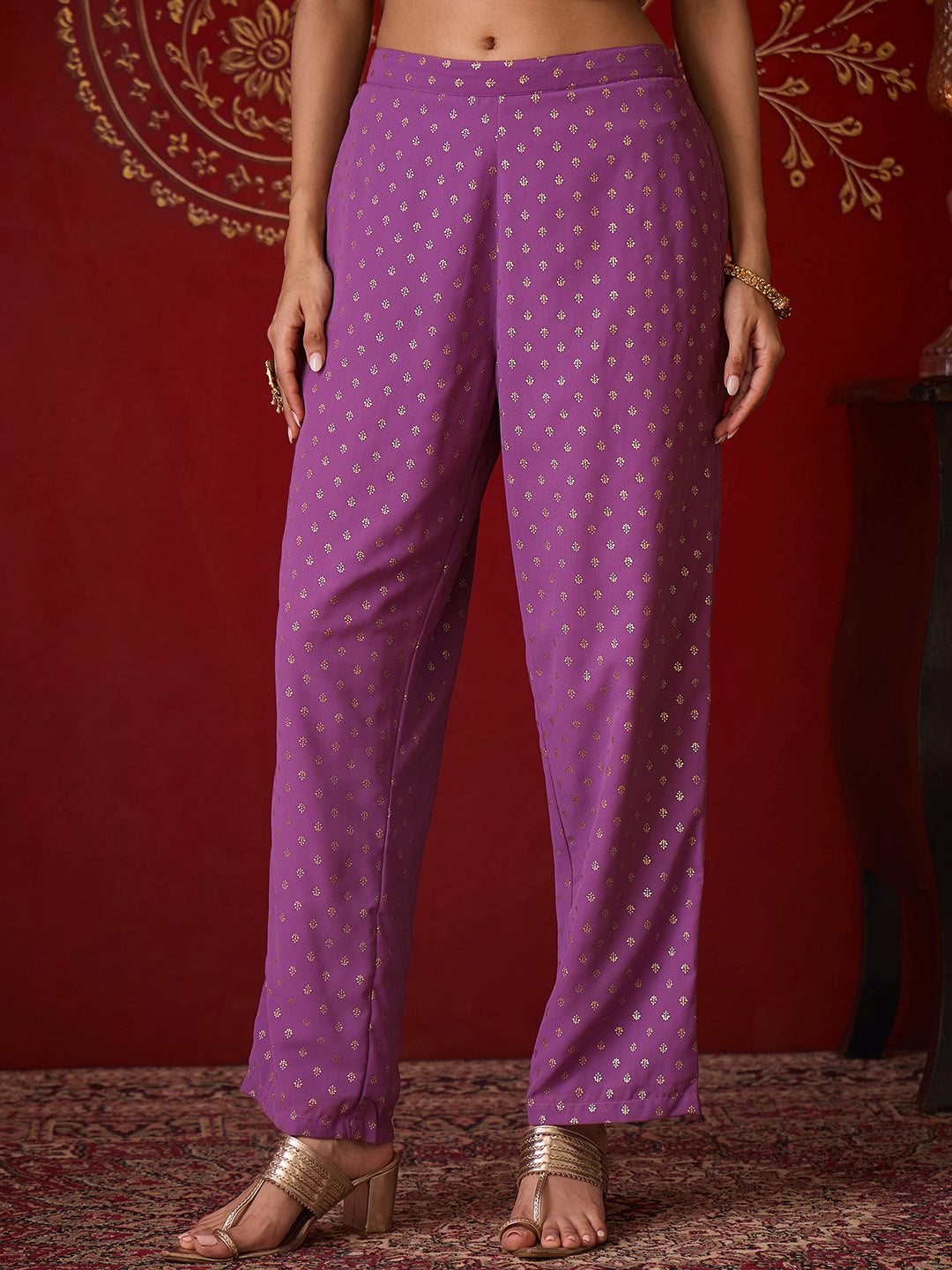 Janasya Women's Lavender Georgette Embellished Foil Printed A-Line Kurta Set