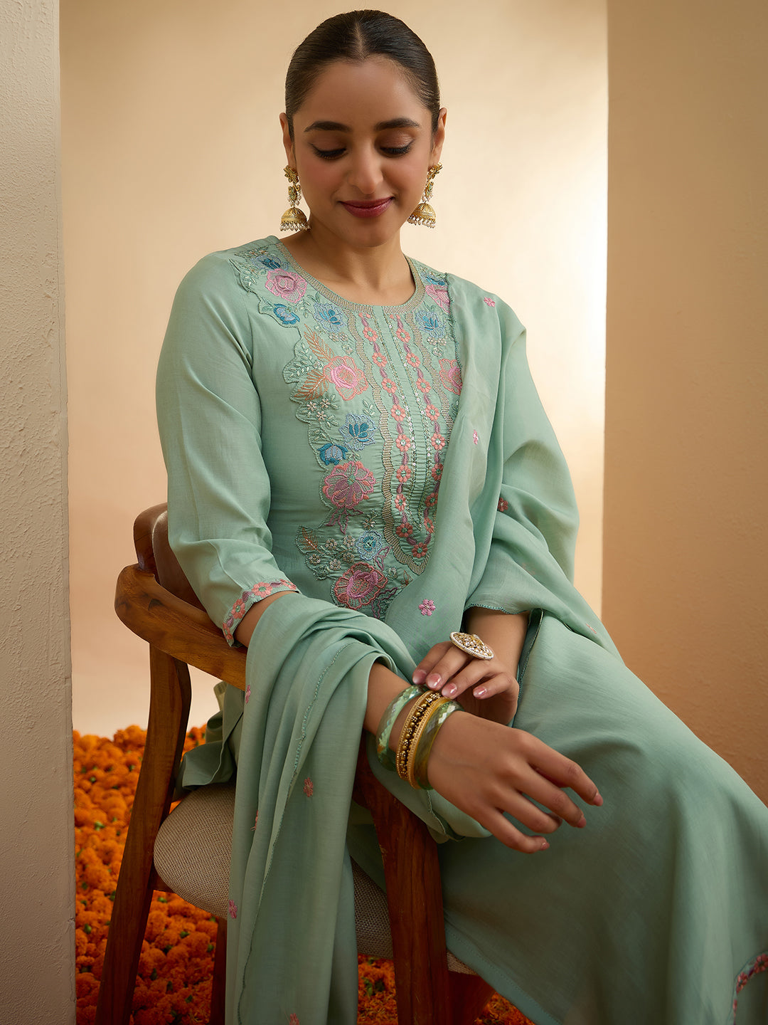 Janasya Women's Mint Green Chanderi Silk Yoke Embroidered Straight Kurta Set