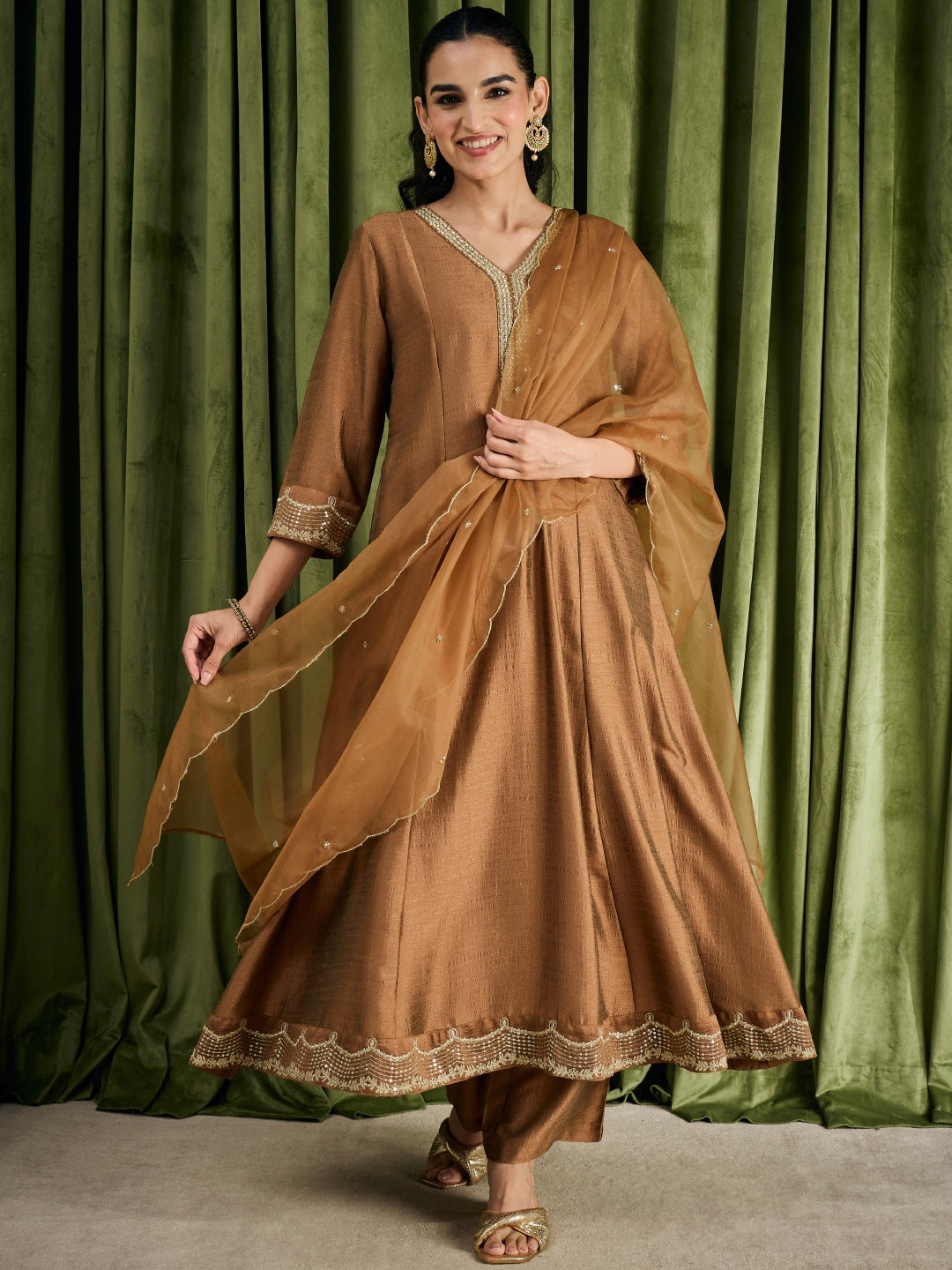 Janasya Women's Bronze Silk Blend Embroidered Anarkali Kurta Set