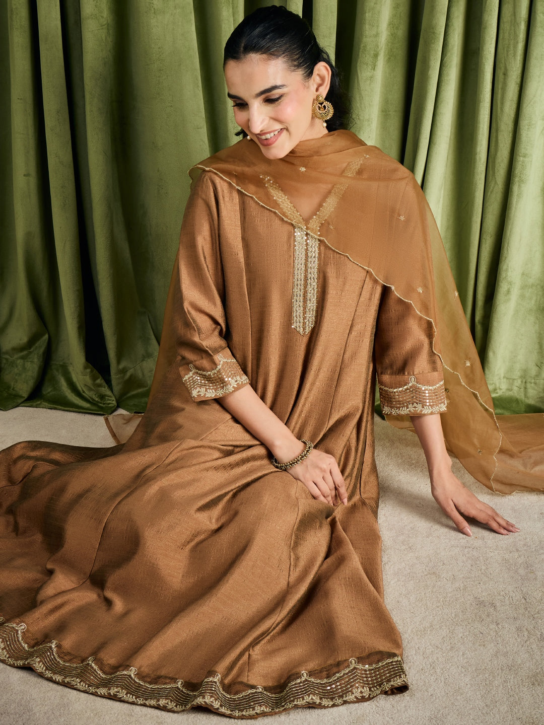 Janasya Women's Bronze Silk Blend Embroidered Anarkali Kurta Set
