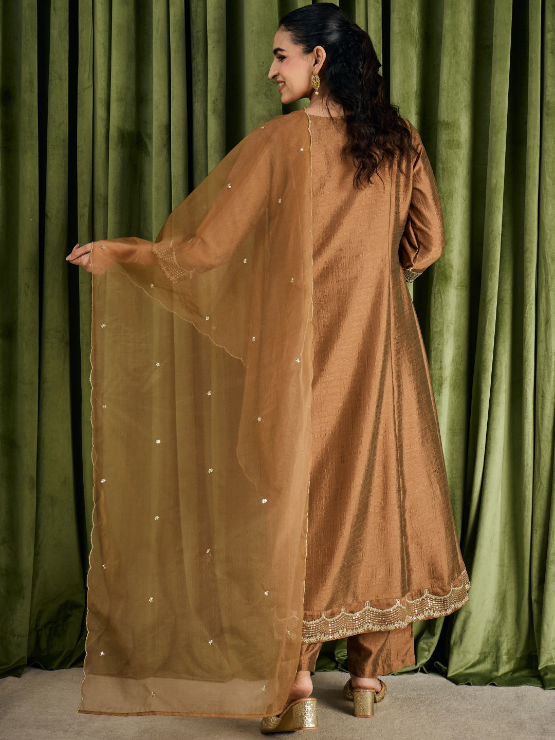 Janasya Women's Bronze Silk Blend Embroidered Anarkali Kurta Set