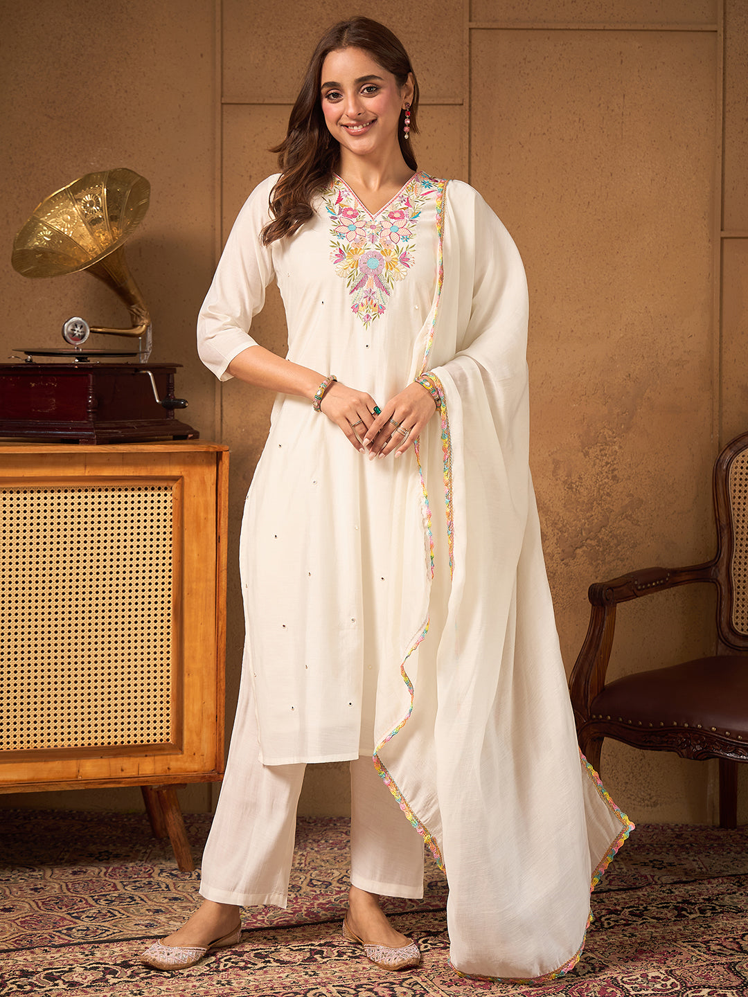 Janasya Women’s Off-White Chanderi Silk Floral Embroidered Mirror Work Straight Kurta Set