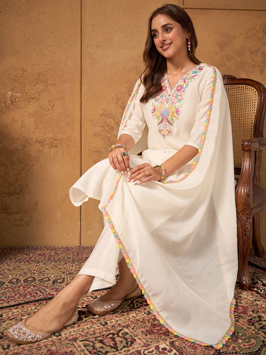 Janasya Women’s Off-White Chanderi Silk Floral Embroidered Mirror Work Straight Kurta Set