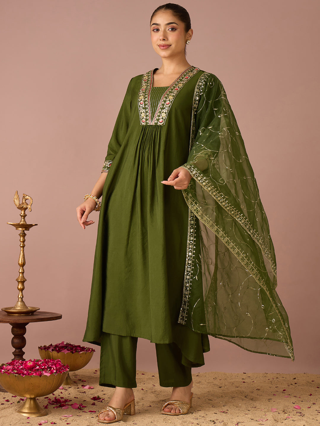 Janasya Women's Olive Green Chanderi Silk Floral Yoke Embroidered A-Line Kurta Set