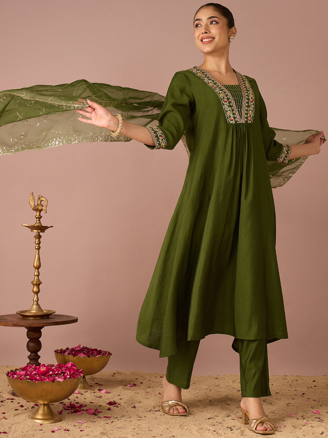Janasya Women's Olive Green Chanderi Silk Floral Yoke Embroidered A-Line Kurta Set