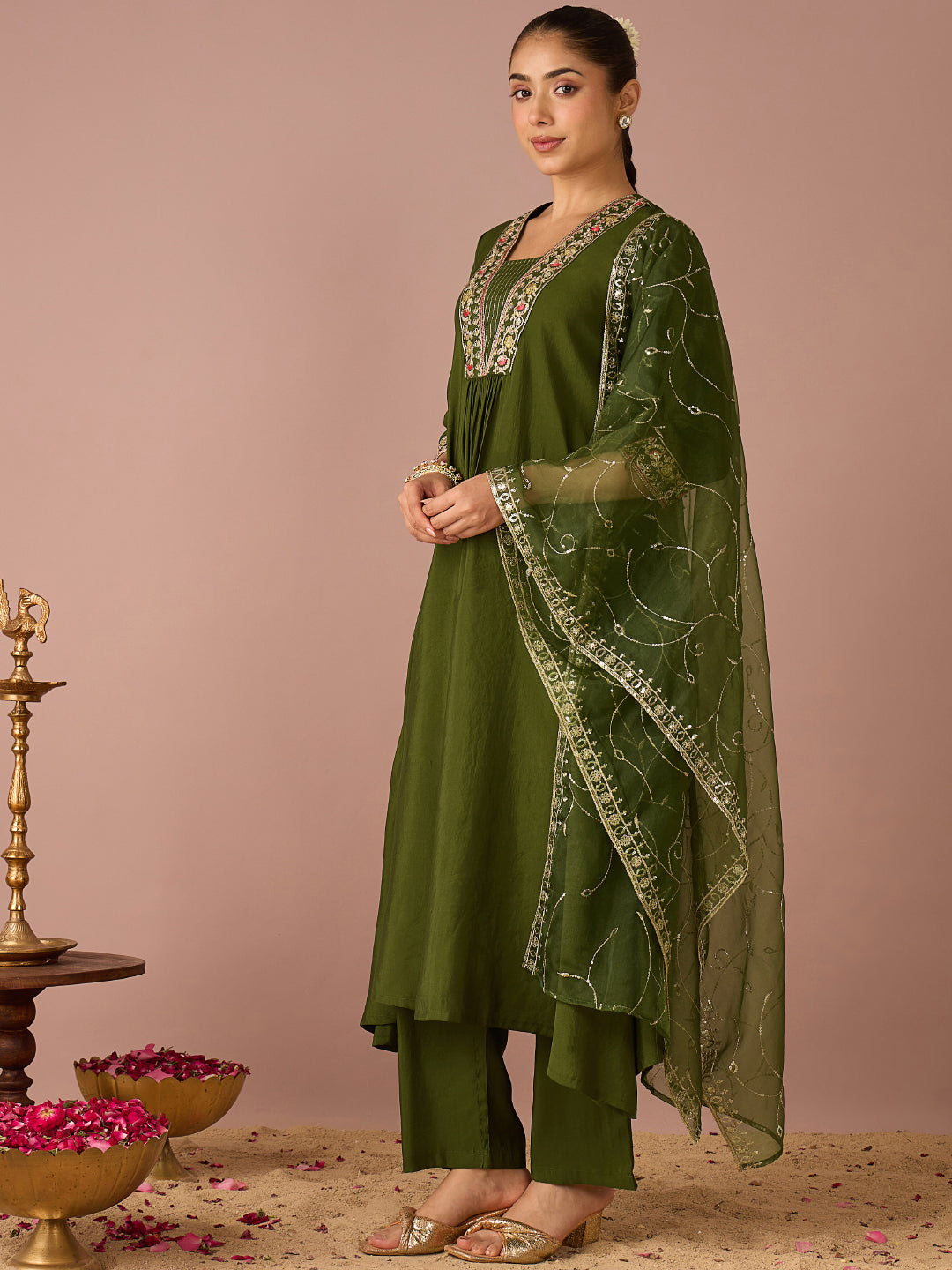 Janasya Women's Olive Green Chanderi Silk Floral Yoke Embroidered A-Line Kurta Set