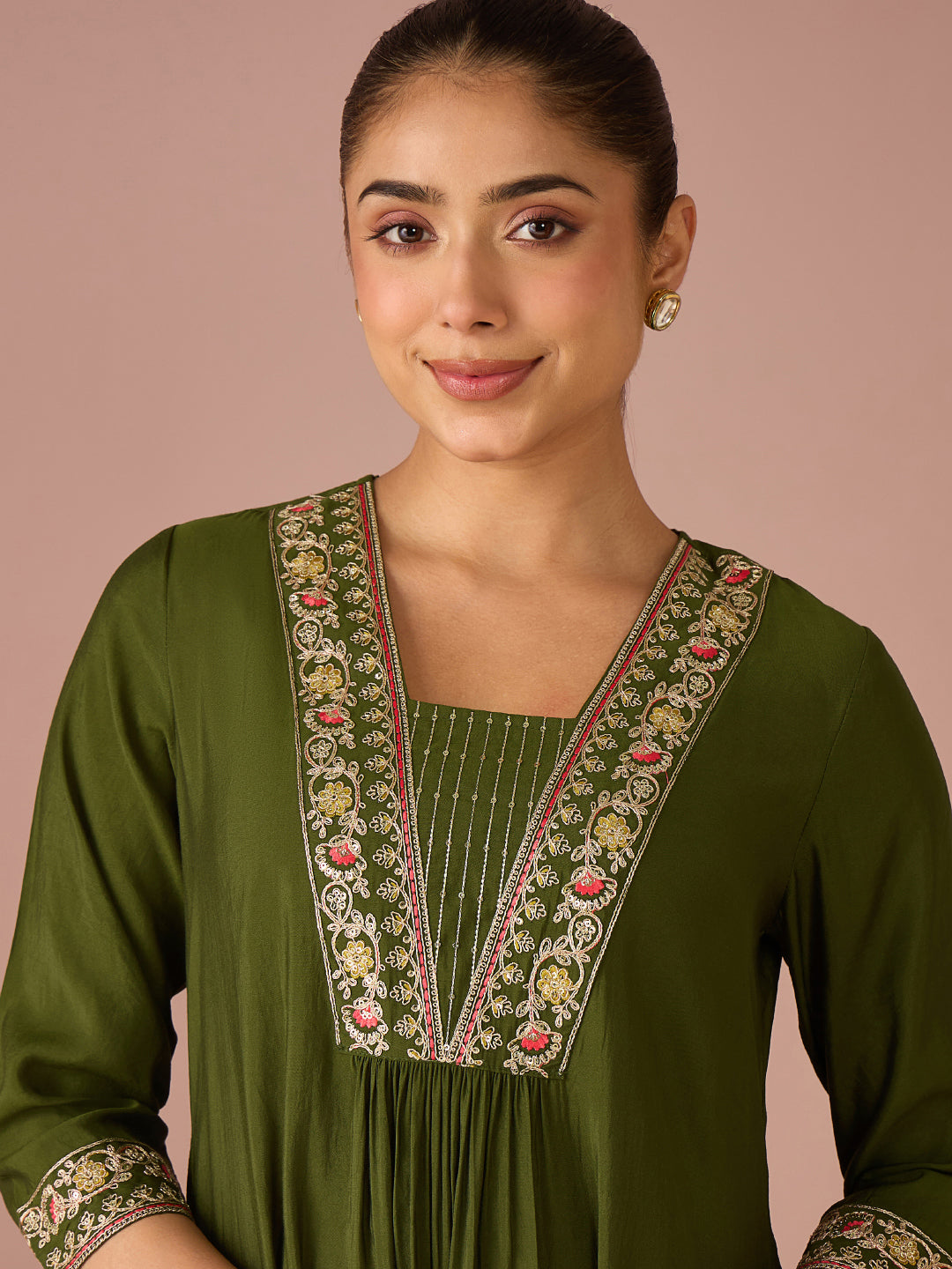 Janasya Women's Olive Green Chanderi Silk Floral Yoke Embroidered A-Line Kurta Set