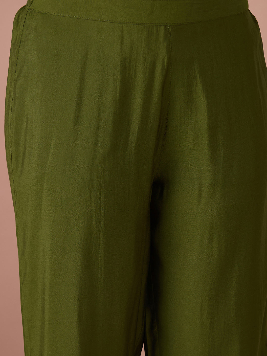 Janasya Women's Olive Green Chanderi Silk Floral Yoke Embroidered A-Line Kurta Set