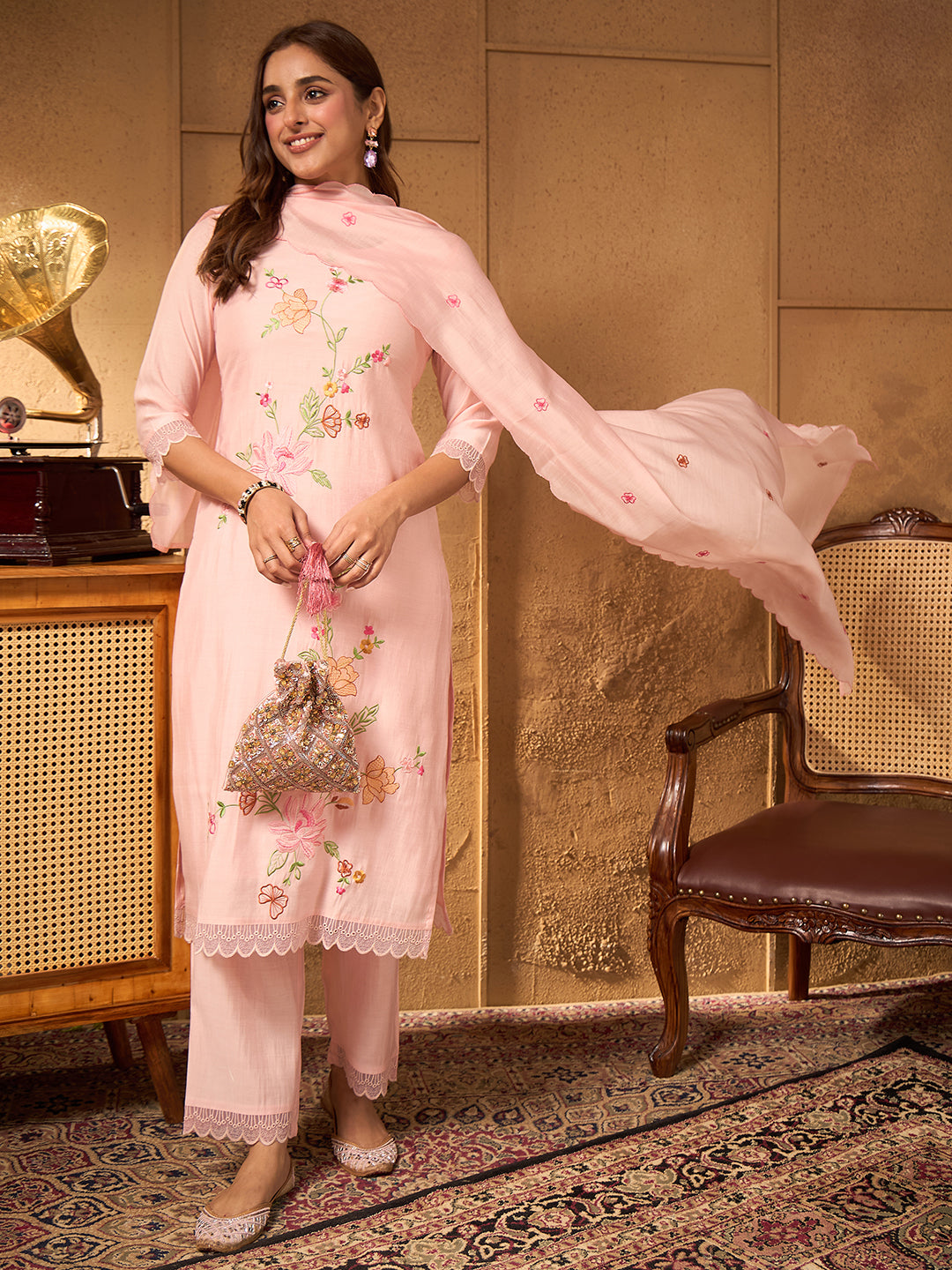 Janasya Women's Baby Pink Chanderi Silk Floral Embroidered Straight Kurta Set