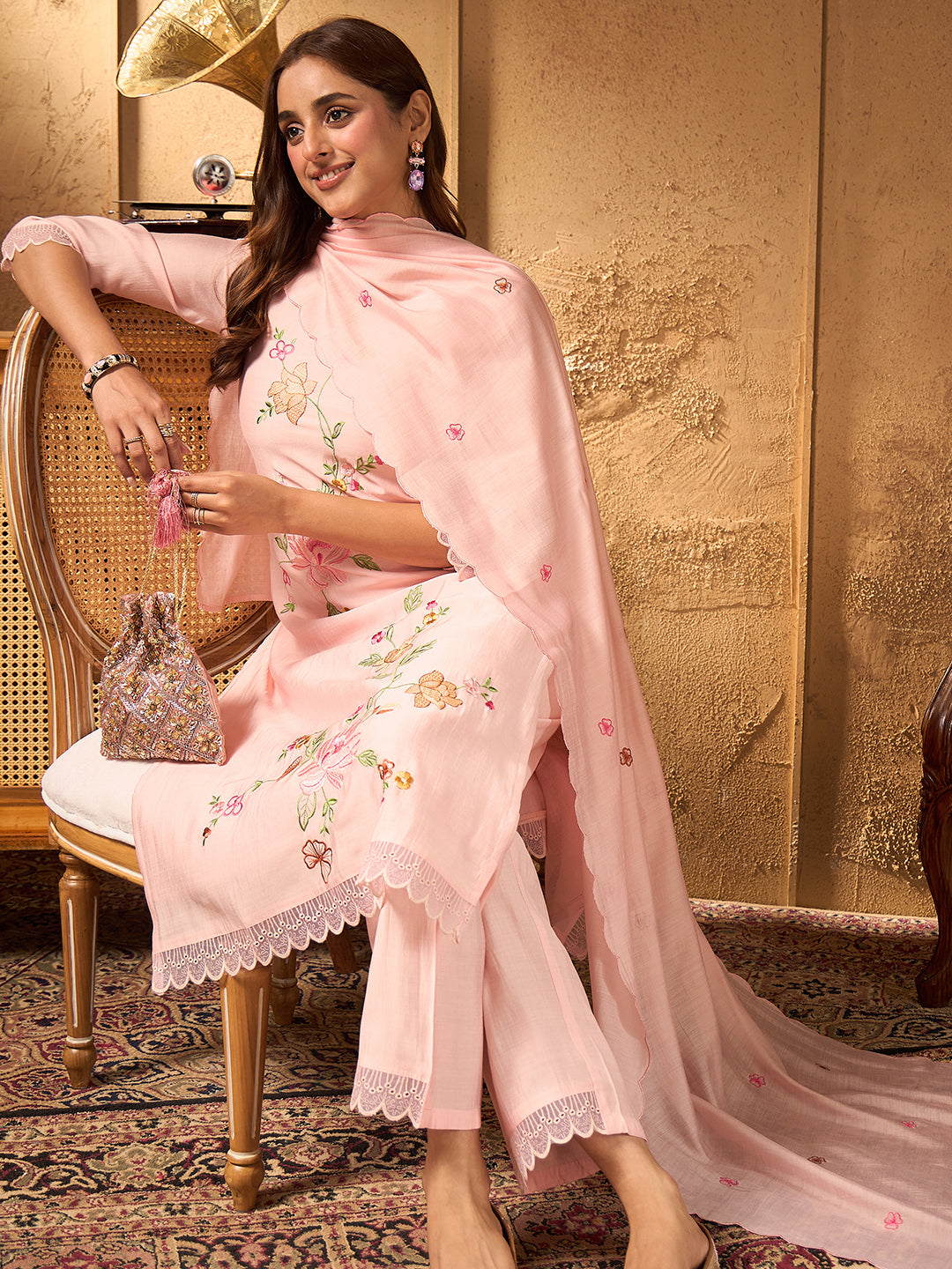 Janasya Women's Baby Pink Chanderi Silk Floral Embroidered Straight Kurta Set