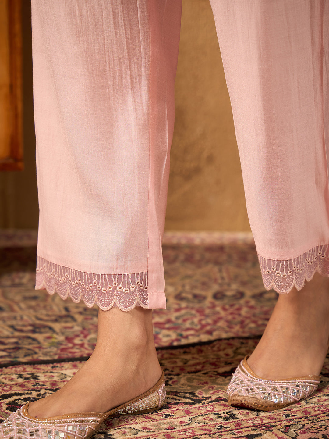 Janasya Women's Baby Pink Chanderi Silk Floral Embroidered Straight Kurta Set