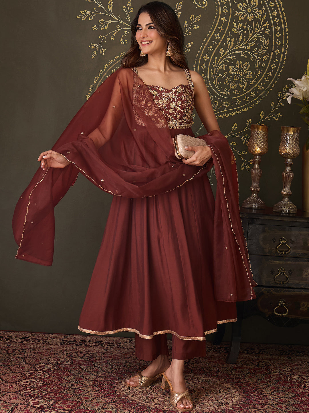 Janasya Women's Brown Chanderi Silk Floral Embroidered Anarkali Set