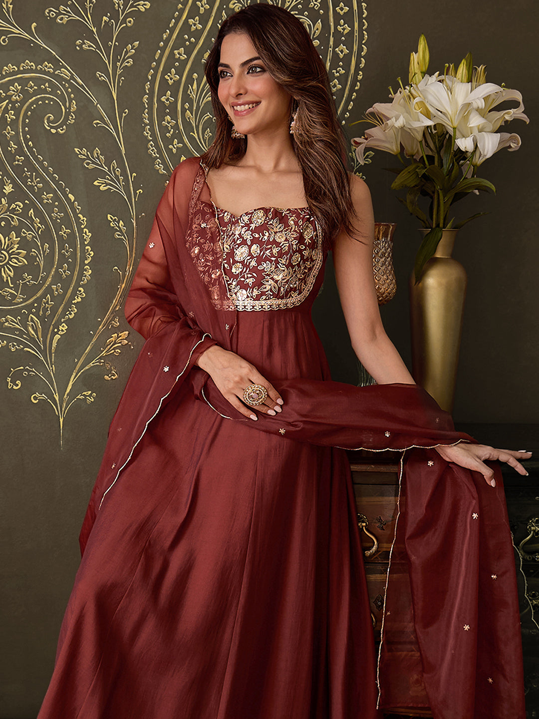 Janasya Women's Brown Chanderi Silk Floral Embroidered Anarkali Set