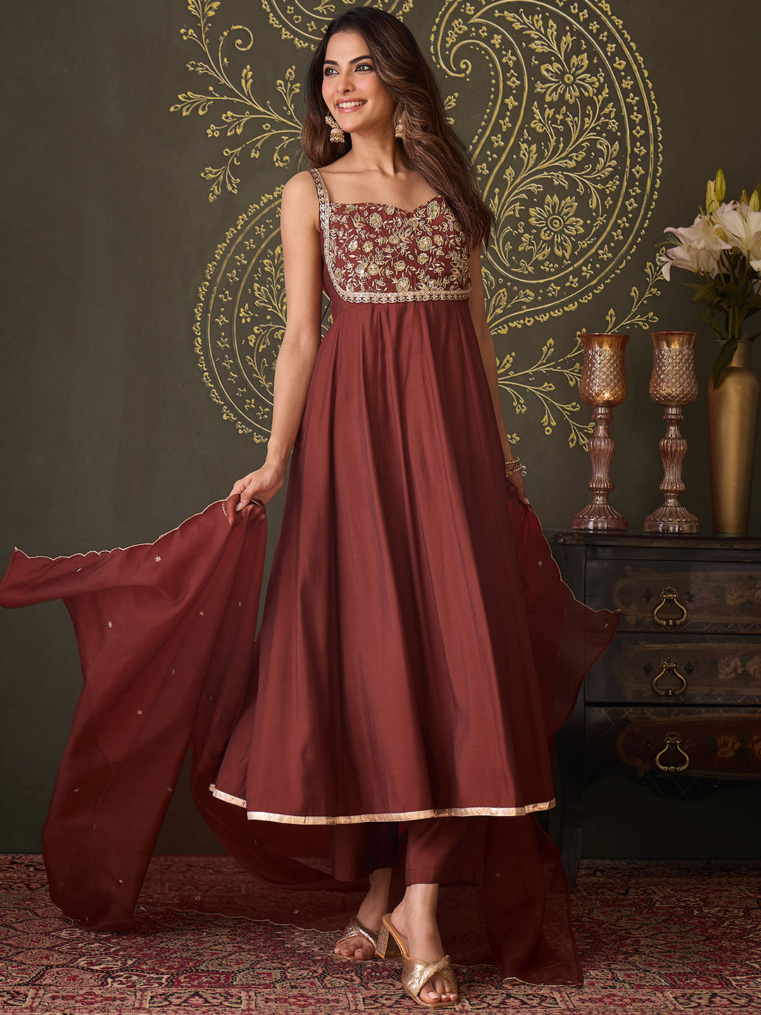 Janasya Women's Brown Chanderi Silk Floral Embroidered Anarkali Set
