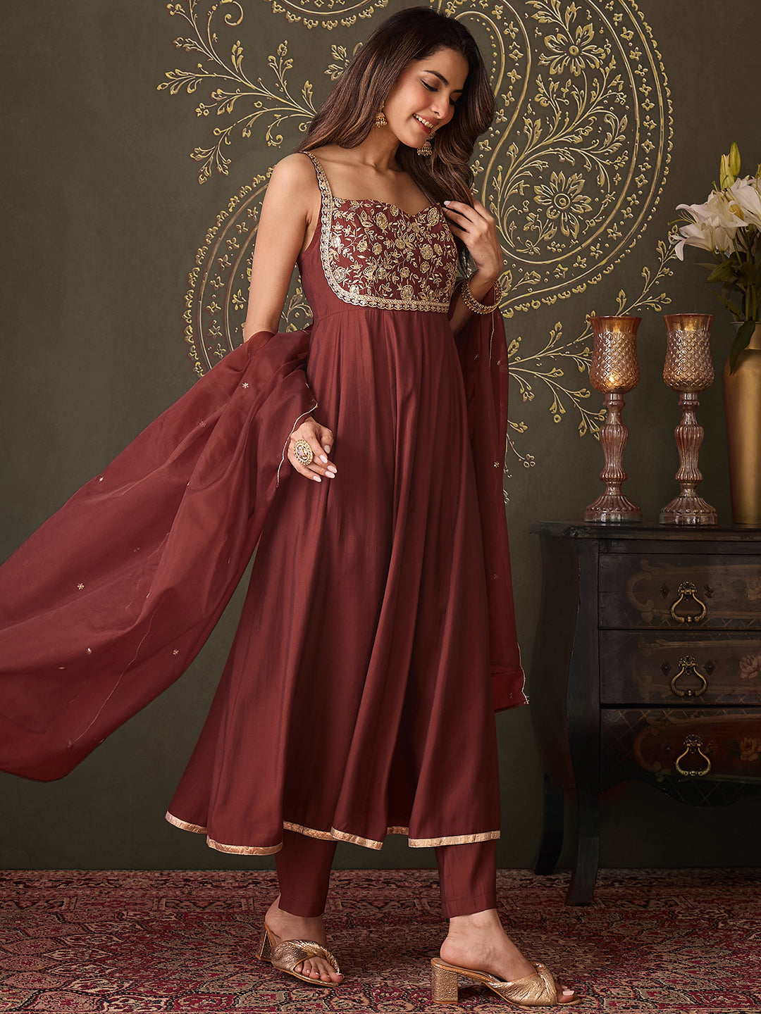 Janasya Women's Brown Chanderi Silk Floral Embroidered Anarkali Set