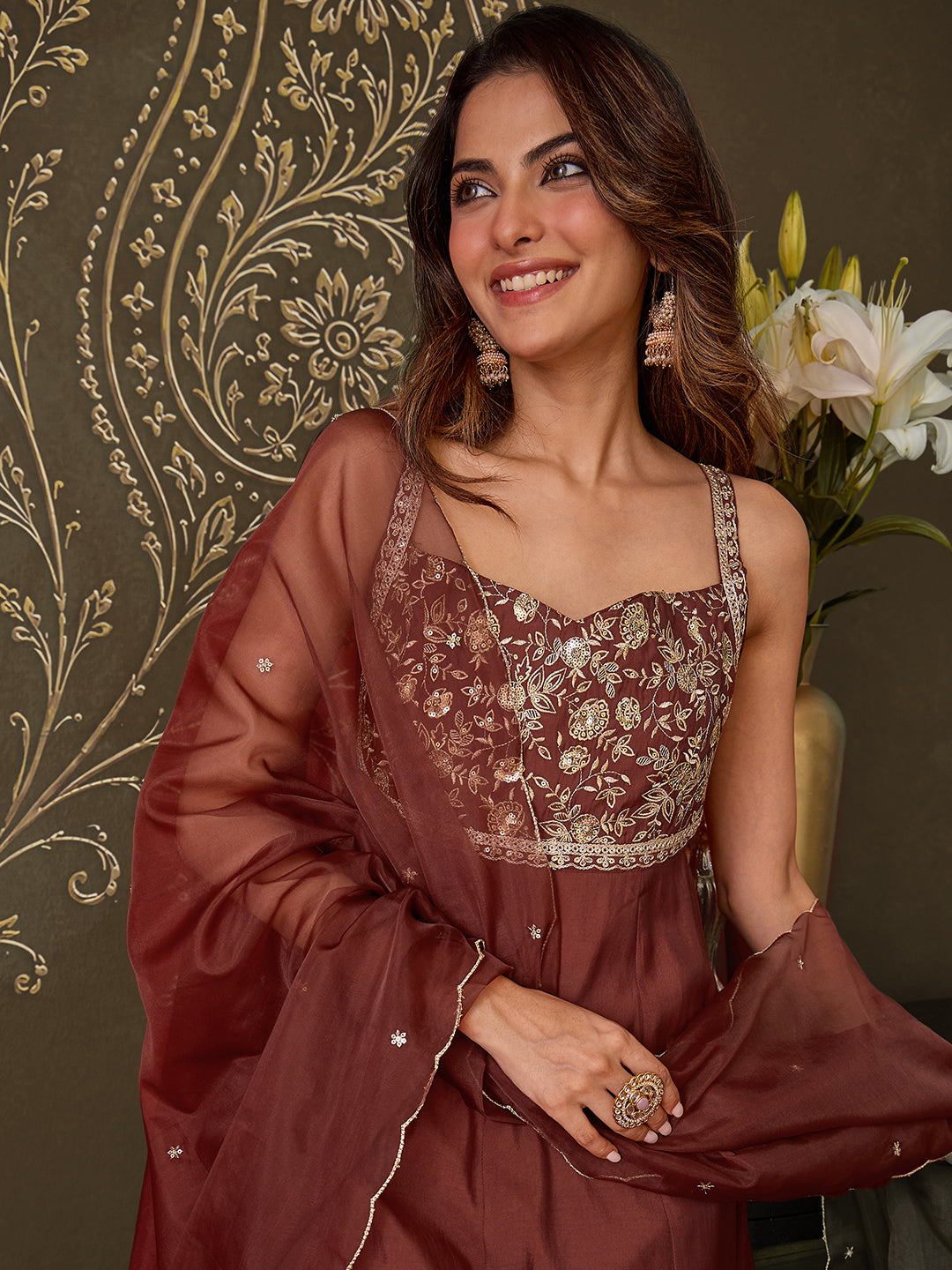 Janasya Women's Brown Chanderi Silk Floral Embroidered Anarkali Set
