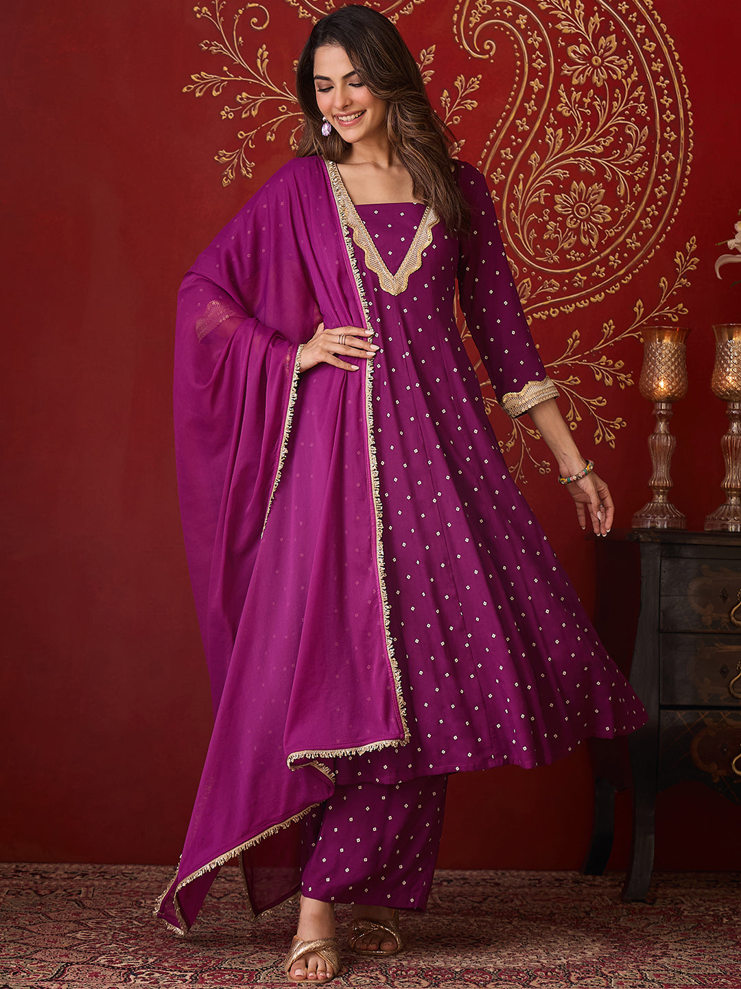 Janasya Women's Purple Rayon Embellished Foil Bandhani Printed Anarkali Kurta Set