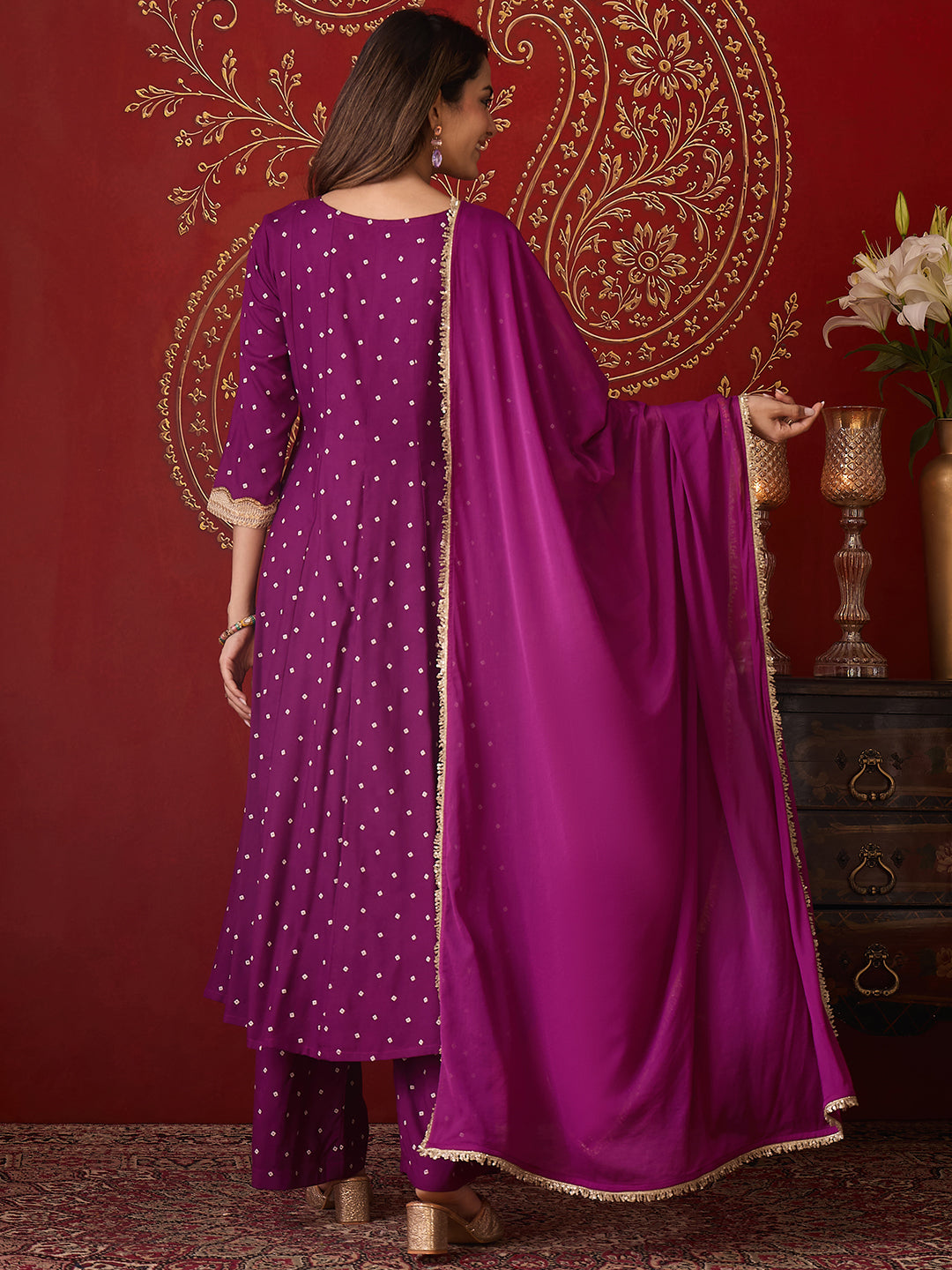 Janasya Women's Purple Rayon Embellished Foil Bandhani Printed Anarkali Kurta Set