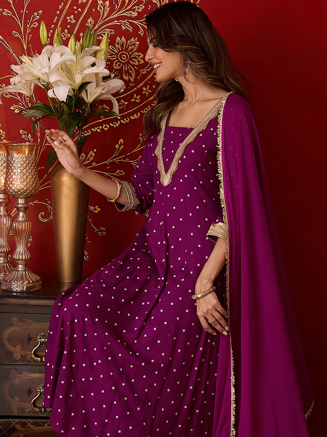 Janasya Women's Purple Rayon Embellished Foil Bandhani Printed Anarkali Kurta Set