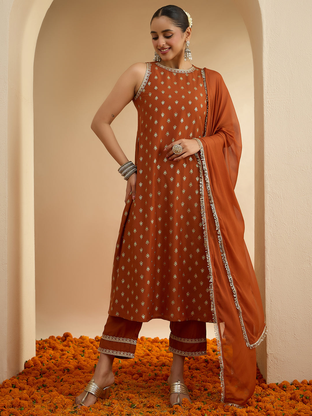 Janasya Women's Rust Brown Silk Blend Embellished Foil Printed A-Line Kurta Set