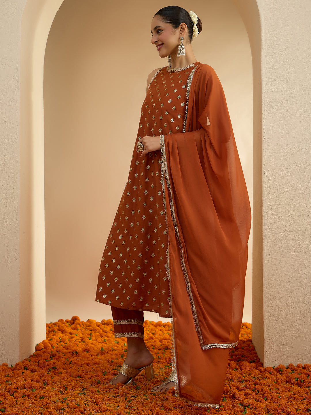 Janasya Women's Rust Brown Silk Blend Embellished Foil Printed A-Line Kurta Set