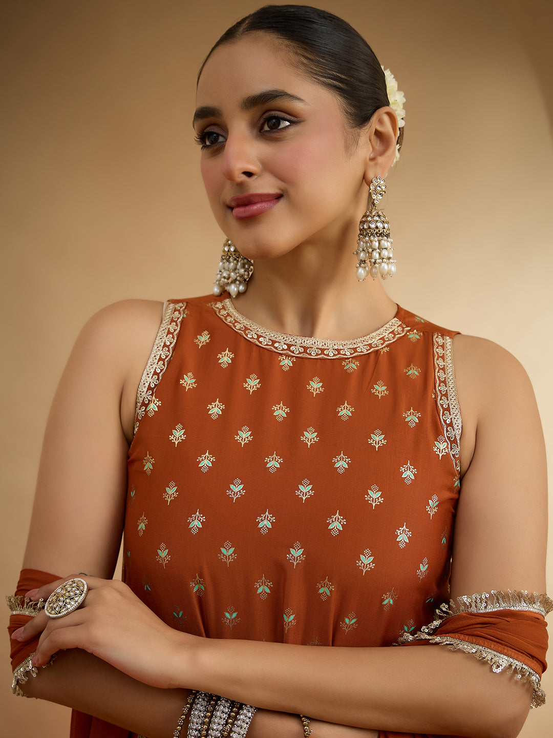 Janasya Women's Rust Brown Silk Blend Embellished Foil Printed A-Line Kurta Set