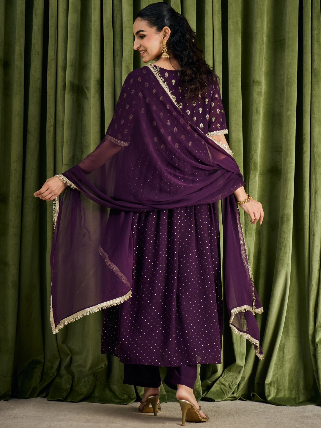 Janasya Women's Wine Georgette Embellished Foil Printed A-Line Kurta Set