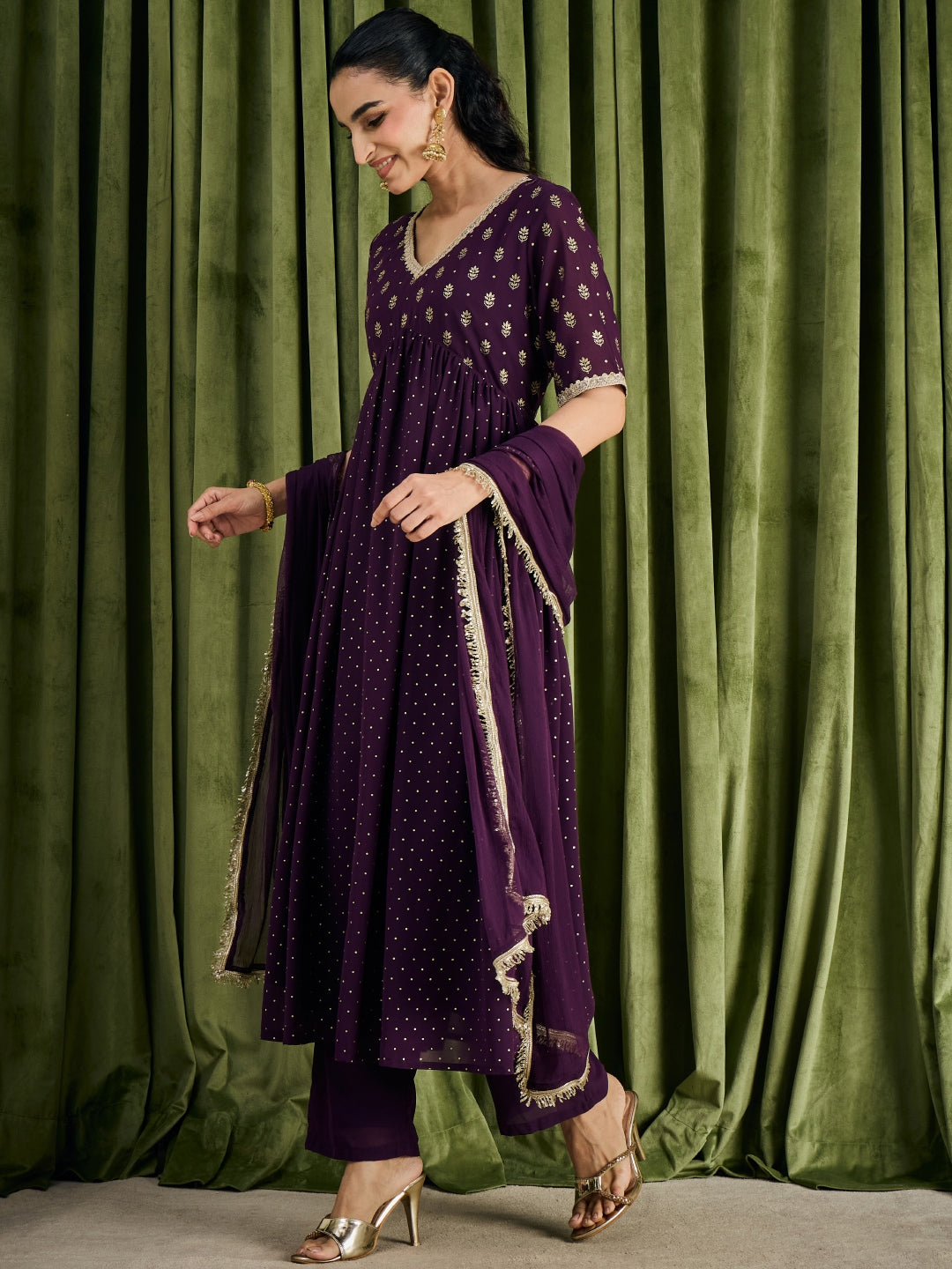 Janasya Women's Wine Georgette Embellished Foil Printed A-Line Kurta Set