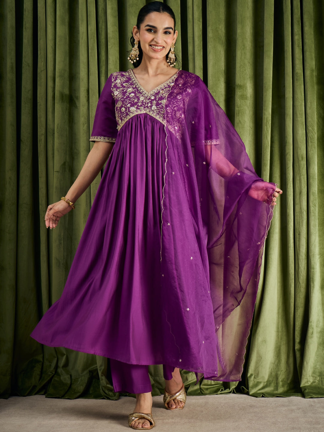 Janasya Women's Purple Chanderi Silk Floral Yoke Embroidered A-Line Kurta Set