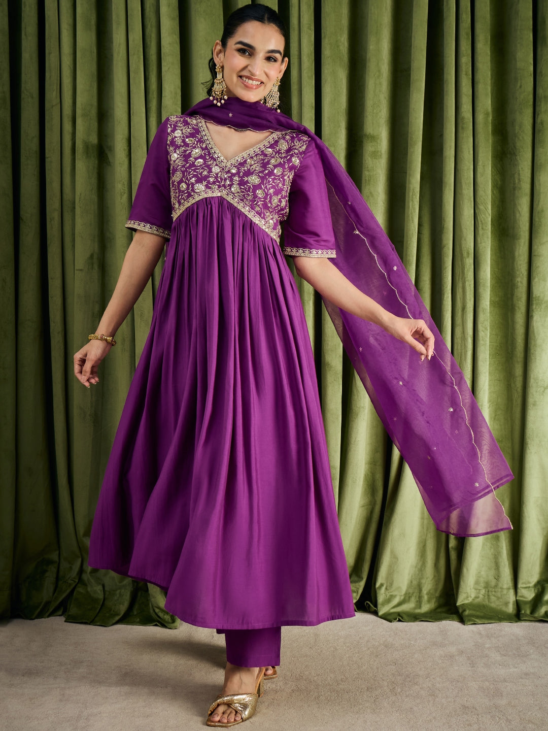 Janasya Women's Purple Chanderi Silk Floral Yoke Embroidered A-Line Kurta Set