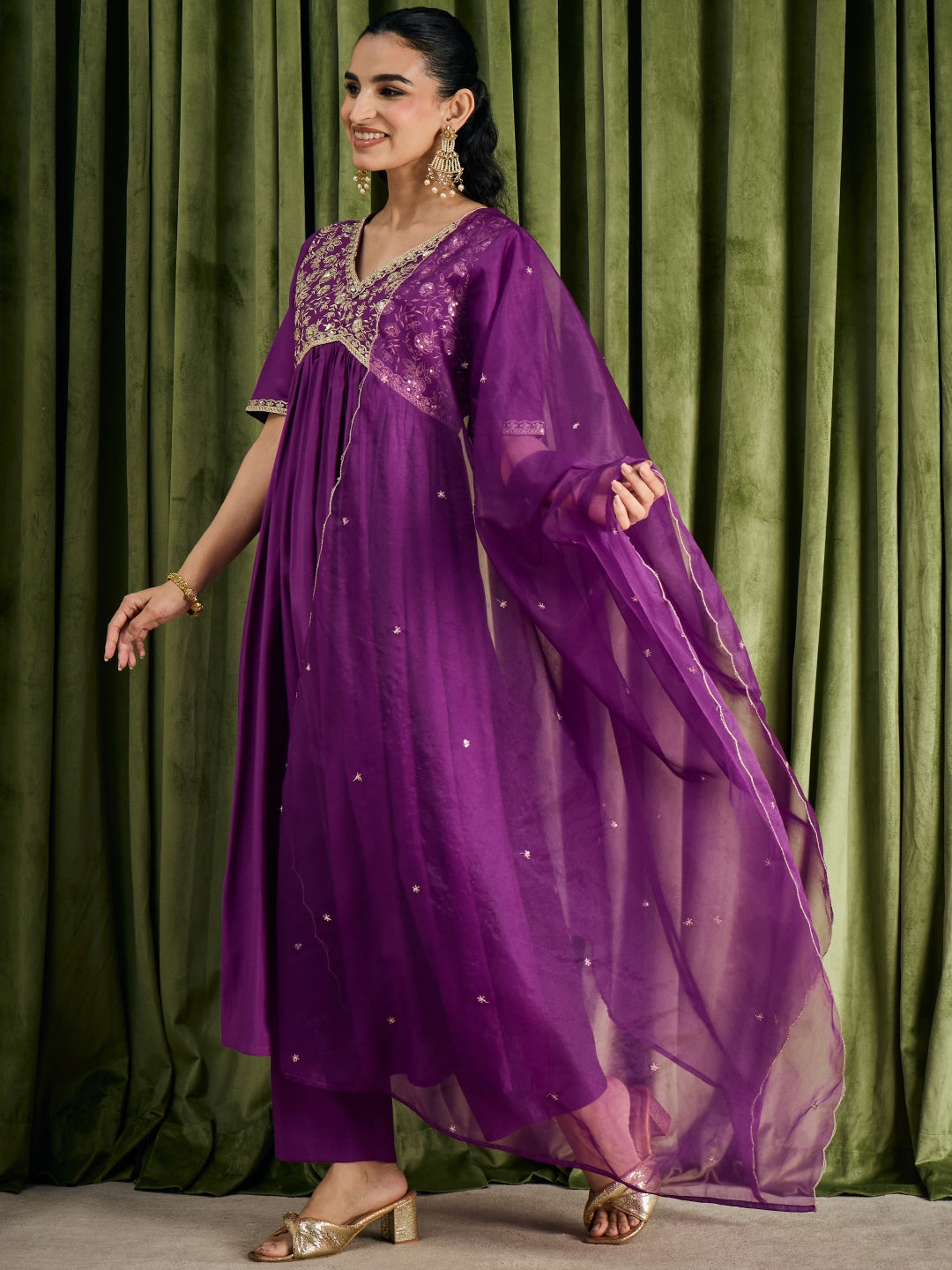 Janasya Women's Purple Chanderi Silk Floral Yoke Embroidered A-Line Kurta Set