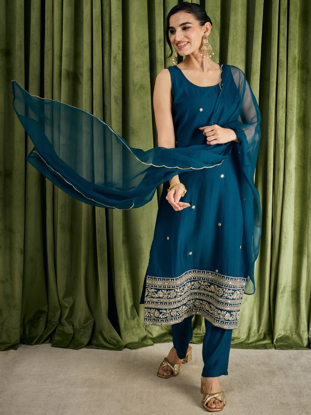 Janasya Women's Teal Blue Chanderi Silk Floral Embroidered Straight Kurta Set